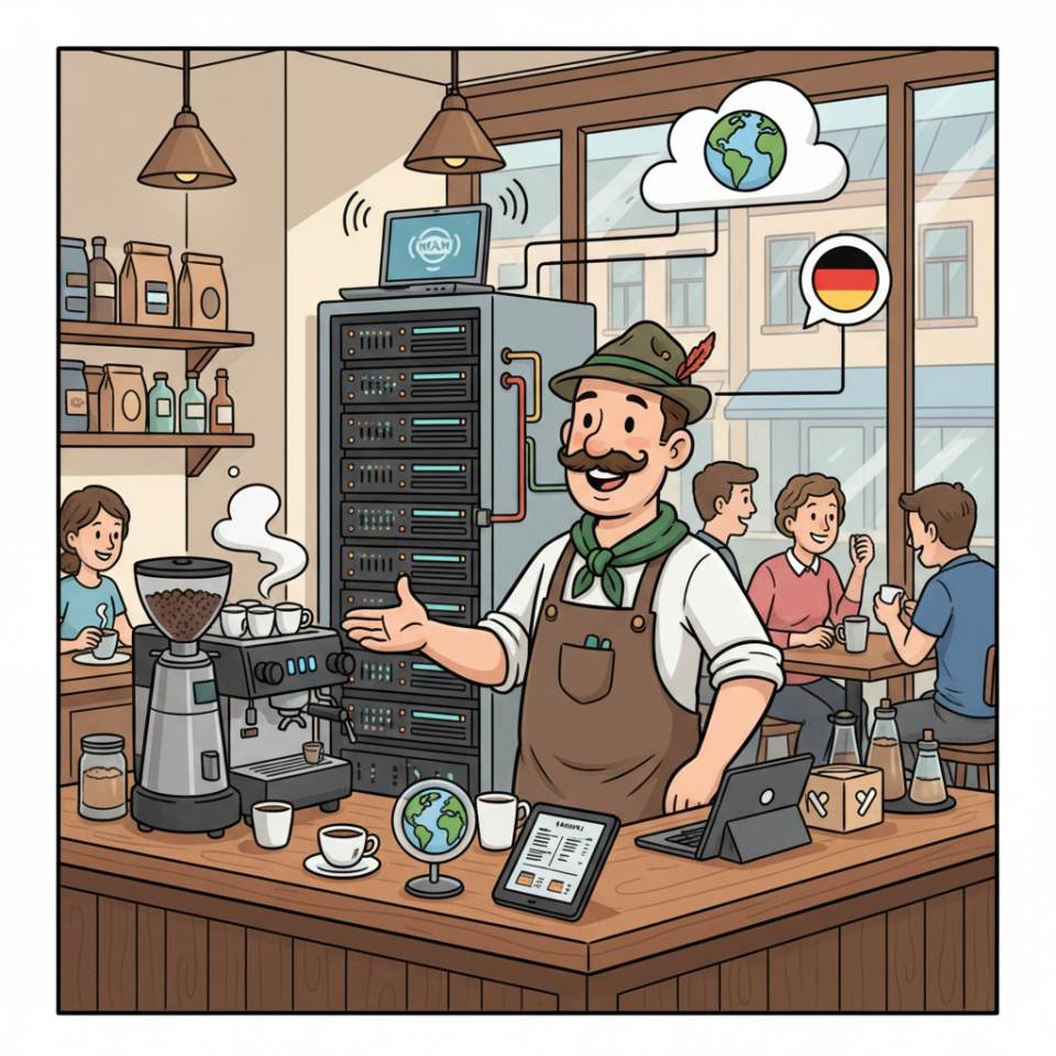 Comic-Darstellung eines Baristas hinter der Espressomaschine mit Milchkanne und Kaffeetasse