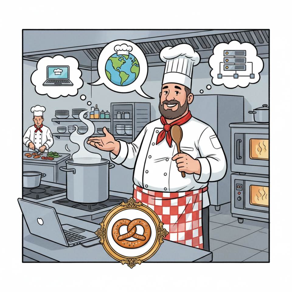 Comic illustration of a kitchen manager in a chef’s jacket with clipboard, kitchen team and stove station