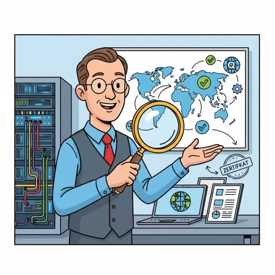 Comic illustration of a quality manager with KPI dashboard, audit checklist, process diagram and CAPA board in a modern quality office