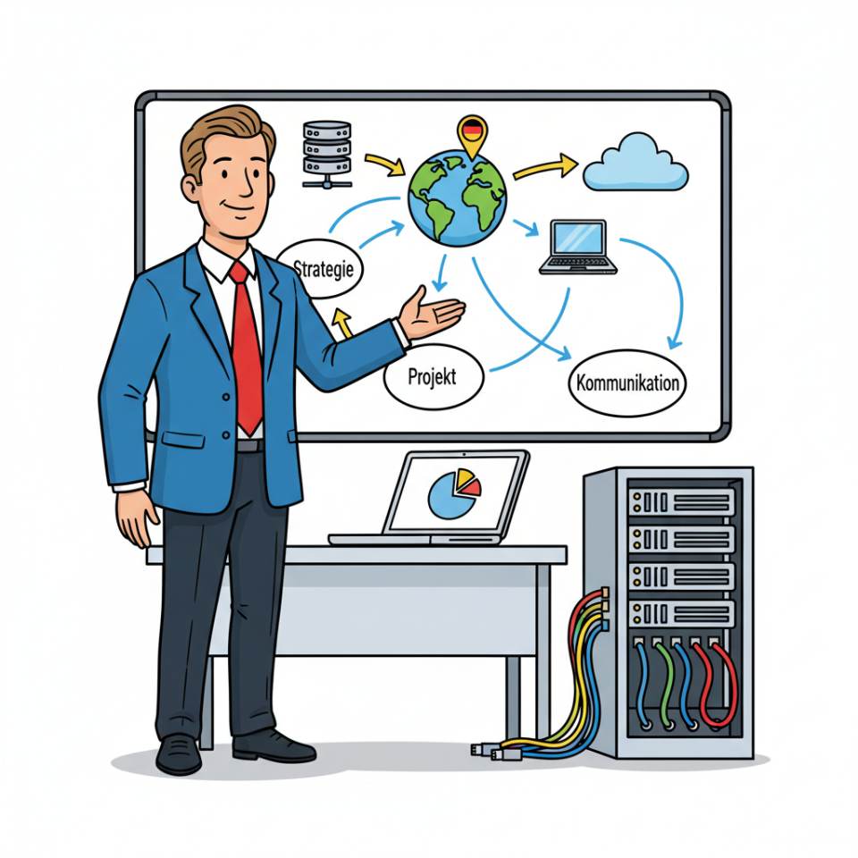 Comic illustration of a policy officer with file folder, laptop, law books and briefing papers in a modern office