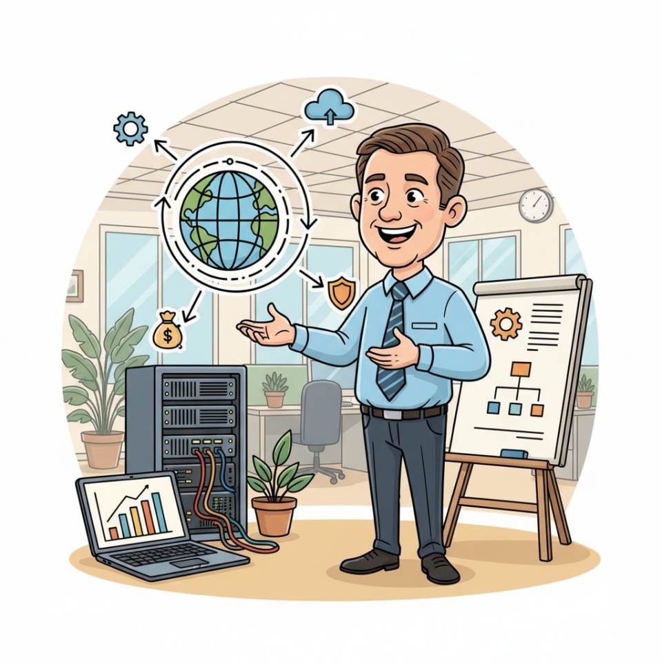 Ilustración cómic de un jefe de departamento con portátil, organigrama y equipo directivo en una oficina moderna