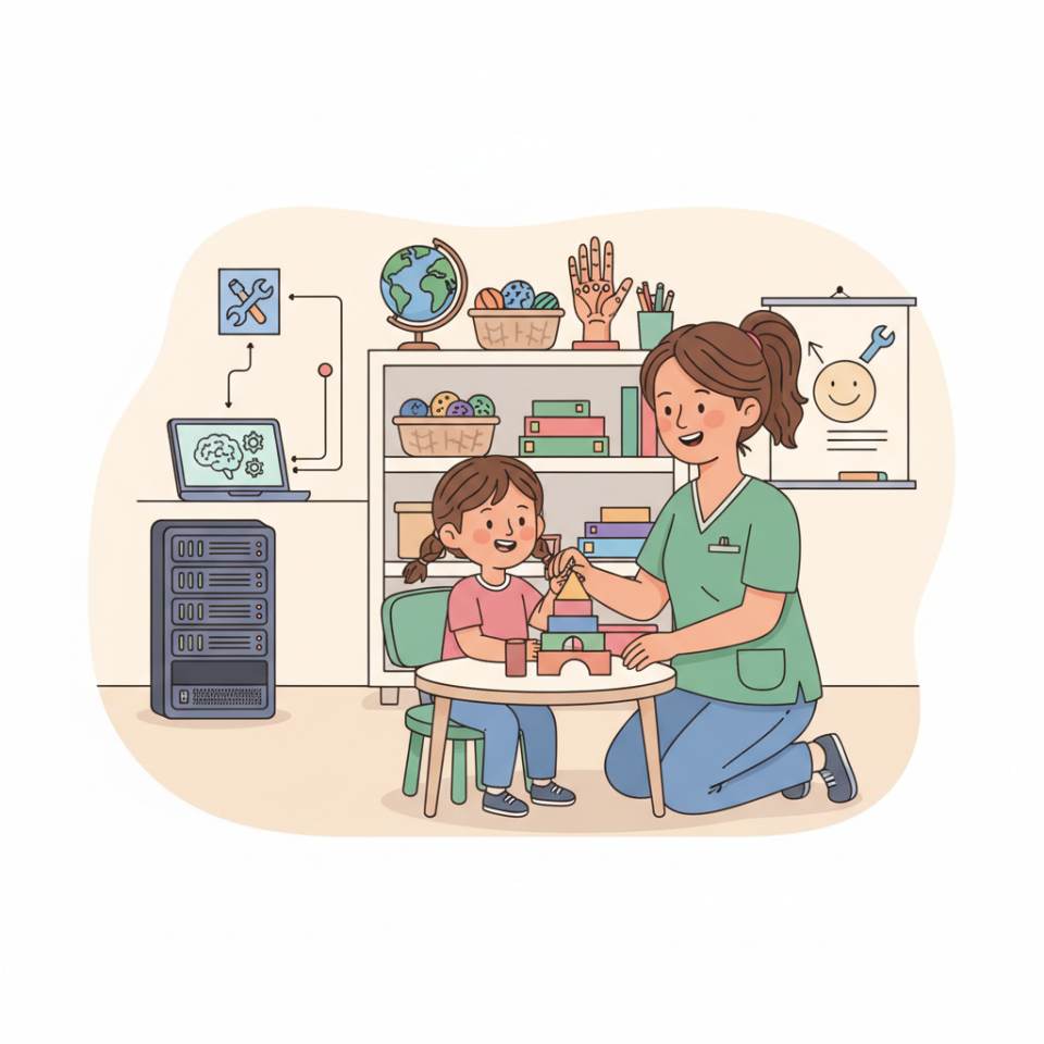 Ilustración tipo cómic de un terapeuta ocupacional con materiales de terapia y ayudas técnicas en una consulta