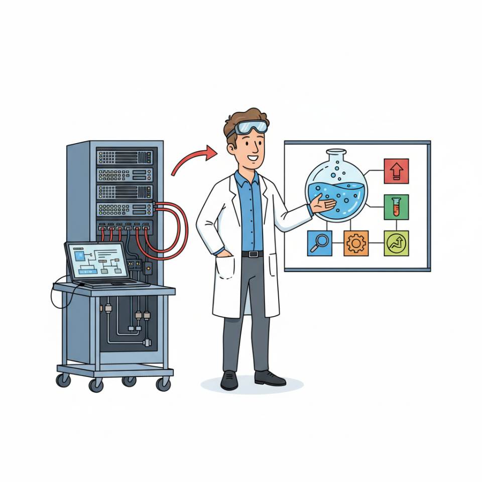 Pipetler ve ölçüm cihazlarıyla laboratuvar tezgâhında önlük ve koruyucu gözlüklü bir laborantın çizgi roman tasviri